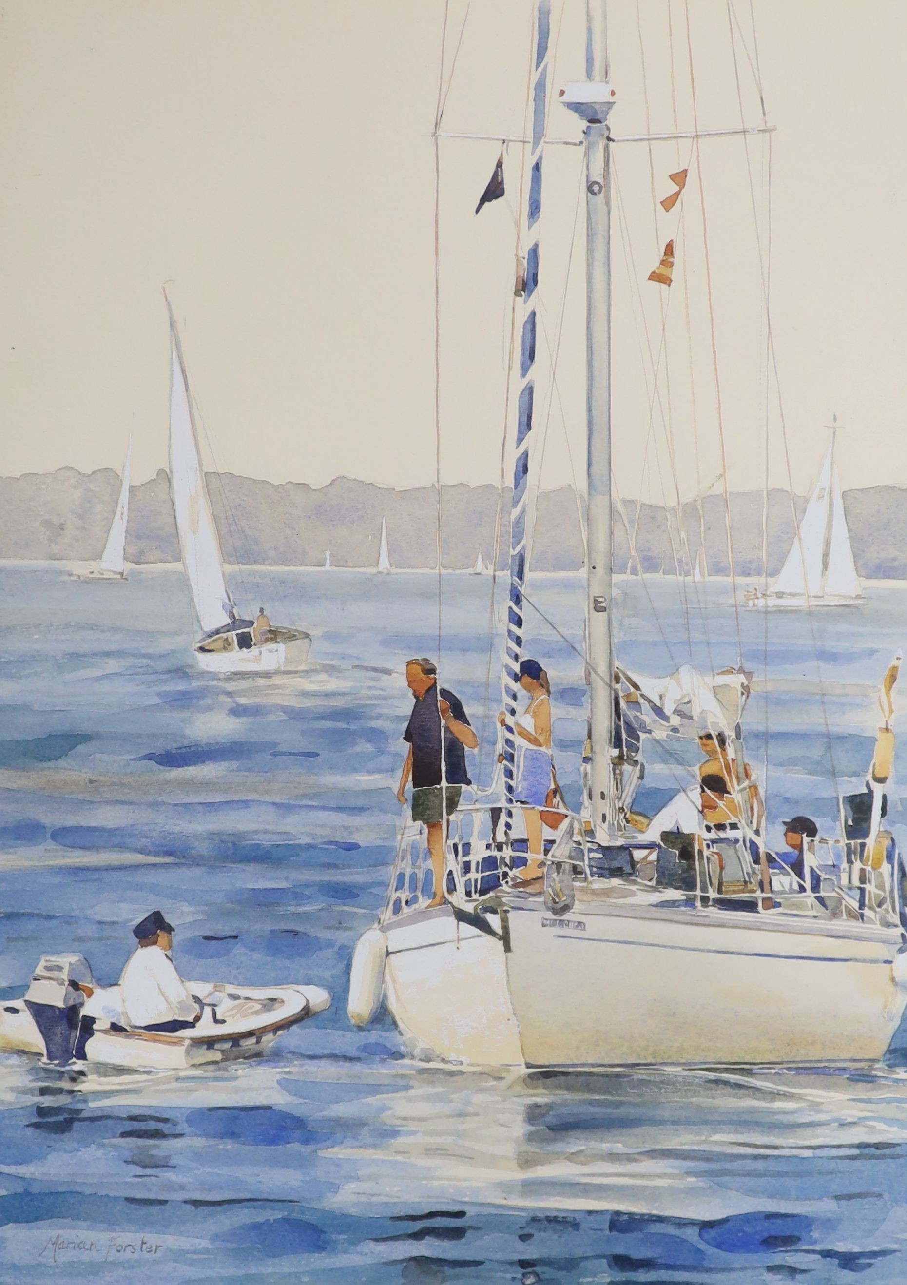 Marian Forster, watercolour, 'Arriving at Yarmouth, (Isle of Wight)', signed, with The Mall Galleries label verso, Royal Society of Marine Artists, 2000, 36 x 26cm